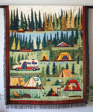 Scenic Camping Adventure Woven Throw Blanket - Mountain & Forest Motif, Durable Cotton-Blend, Portable For Hikes, Picnics, Camper Trips