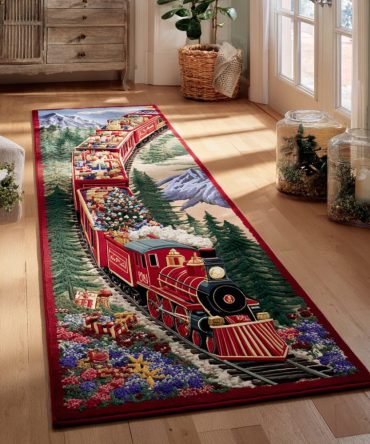 Vintage Scenic Train Runner Rug — Scenic Christmas Train Design, Festive Non-Slip Hallway Runner For Holiday Entryways & Stair Runners