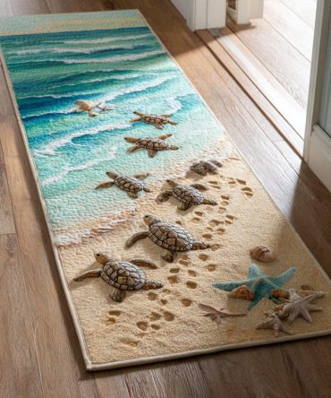 Sea Turtle Coastal Runner Rug — Ocean-Themed Blue & Teal Hallway Runner, Low-Pile Non-Slip Rug For Beach Houses & Nautical Interiors