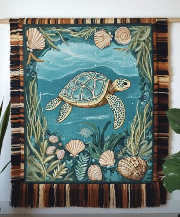 Seashell Frame Turtle Woven Throw — Framed Seashell & Turtle Tapestry Blanket, Decorative Coastal Sofa Throw For Seaside-Inspired Interiors
