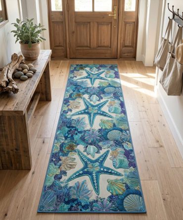 Seashell Symphony Coastal Runner Rug - Elegant Beach-Themed Hallway Runner With Shell Motif, Fade-Resistant Fibers & Non-Slip Support