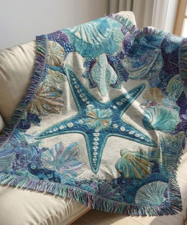 Coastal Seashell Woven Throw Blanket - Elegant Sofa & Couch Throw, Soft Decorative Ocean Pattern, Durable Woven Accent For Living Room