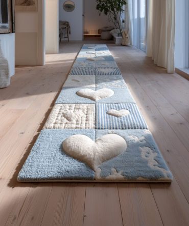 Sky Blue Heart Runner Rug - Dreamy Sky-Blue Heart Pattern For Kids' Rooms & Hallways , Soft, Fade-Resistant, Easy Care Runner