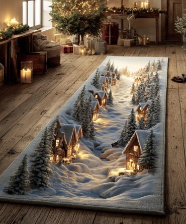 Snow Bloom Village Runner Rug — Charming Winter Village Design Runner For Hallways, Soft Low-Pile Entryway Accent Rug
