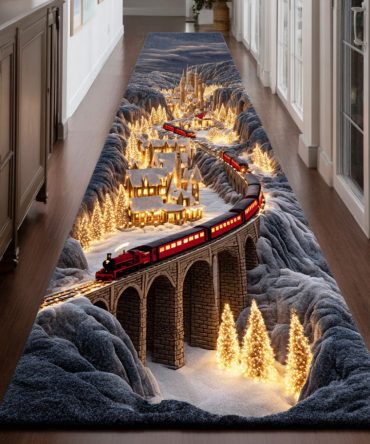 Snow Path Railway Runner Rug — Vintage-Inspired Rail Scene Hallway Runner, Durable Low-Pile Accent For Entryway & Corridor