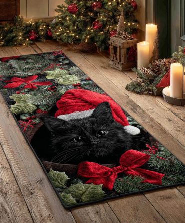 Snowbell Black Cat Runner Rug - Elegant Black Cat Hallway Runner, Soft Washable Non-Slip Rug For Modern & Cozy Homes
