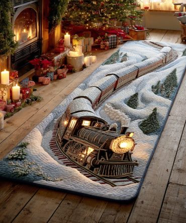 Snowfall Steam Route Runner Rug — Scenic Winter Train Hallway Carpet, Durable Non-Skid Indoor Runner