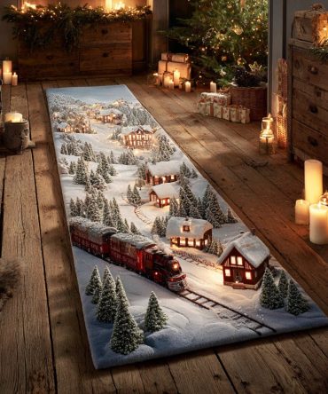 Snowflake Steam Train Holiday Runner Rug – Festive Steam Engine Winter Runner, Charming Snowflake Motif, Low-Pile Durable Mat, Non-Slip & Easy-Care