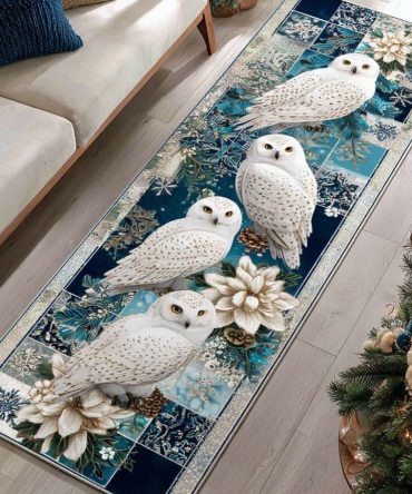 Snowlight Owls Runner Rug — Winter Owl Hallway Carpet, Soft Low‑Pile Non‑Slip Runner For Entryway, Cozy Seasonal Woodland Décor