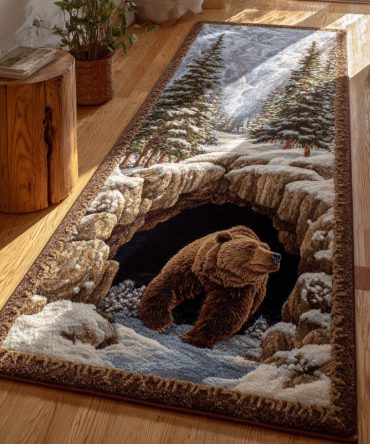Snowy Bear Cave Runner Rug — Winter Animal-Themed Hallway Carpet, Cozy Low-Pile Runner For Kids’ Rooms & Seasonal Décor