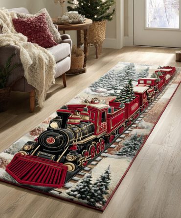Festive Snowy Train Holiday Runner Rug — Christmas Train Hallway Carpet, Non-Slip, Plush Holiday Décor For Entryway
