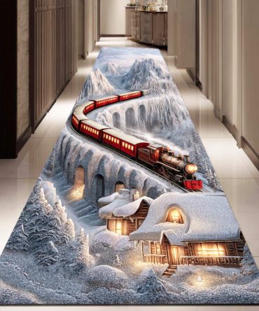 Winter Train Scenic Hallway Runner Rug — Snowy Landscape Low-Pile Entryway Runner, Durable Non-Slip Accent Rug For Stairs