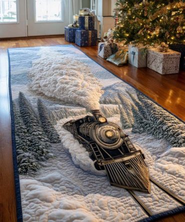 Snowy Train Voyage Runner Rug - Christmas Holiday Hallway Carpet With Anti-Slip Backing, Soft Low-Profile Pile, Machine Washable Seasonal Accent