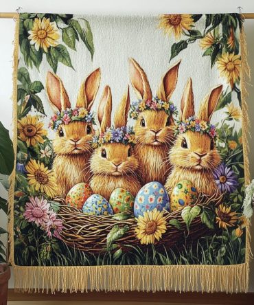 Springtime Bunny Quartet Woven Throw - Adorable Easter Bunny Sofa Blanket, Soft Spring Decor For Nursery, Living Room Gift