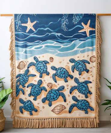 Starry Night Turtles Woven Throw — Night Sky Turtle Tapestry Blanket, Moody Coastal Sofa Throw For Artistic & Nautical Interiors