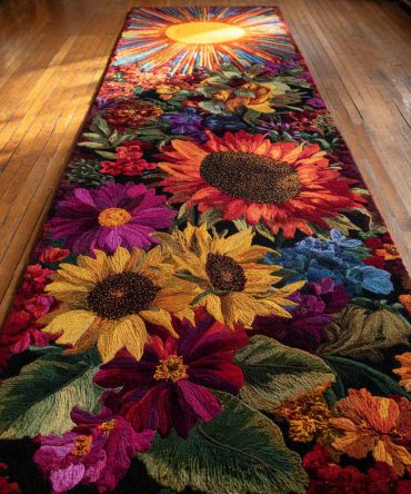 Sunburst Trail Vibrant Runner Rug — Warm Sunrise Motif Hallway Carpet, Fade-Resistant, Soft Pile, Non-Slip Backing, Bright Accent Piece