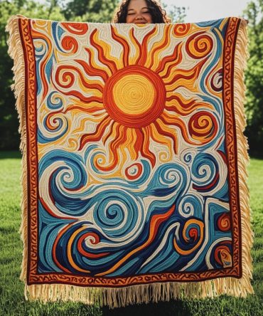 Sunfire Swirls Statement Throw - Bold Woven Couch Blanket In Warm Sunset Hues, Soft & Lightweight, Decorative Living Room Accent, 50X60, Machine Wash