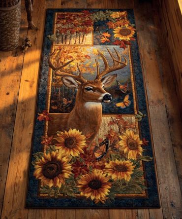 Sunflower Buck Runner Rug — Rustic Floral & Buck Hallway Runner, Low-Pile Durable Accent Rug For Country-Style Entryways