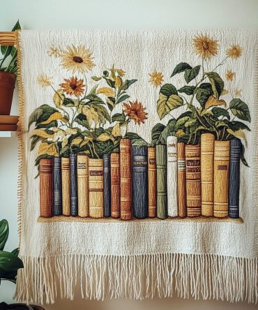 Sunflower Library Woven Throw For Sofa — Bright Floral & Book Motif Blanket, Cheerful Decorative Couch Accent For Cozy Reading Corners