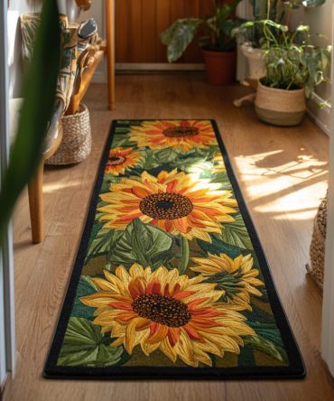 Sunflower Sunset Runner Rug — Warm Golden Floral Hallway Carpet, Soft Low-Pile Runner For Entryway & Kitchen Décor