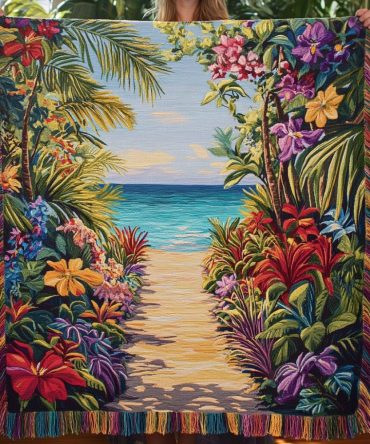 Sunlit Shores Woven Throw Blanket - Beach Coastal Sofa Throw, Bright Seaside Pattern, Lightweight Decorative Blanket For Living Room & Patio