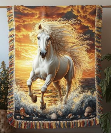 Sunset Stallion Woven Throw Blanket — Vibrant Horse Sunset Jacquard For Sofa, Colorful Western Decor, Soft Cozy Accent & Gift