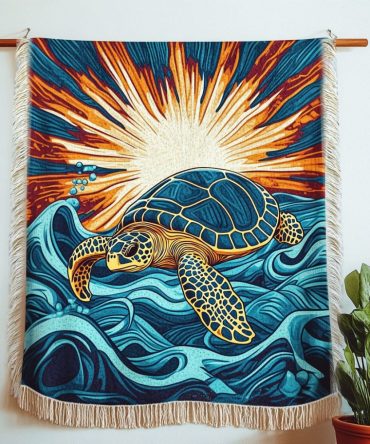 Sunset Wave Turtle Woven Throw — Warm Sunset Turtle Tapestry Blanket, Coastal Chic Sofa Throw For Cozy, Colorful Beach-Inspired Rooms