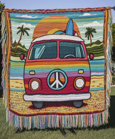 Surf Hippie Van Retro Woven Throw Blanket — Coastal Camper Van Design For Sofa, Bedding & Travel, Soft Durable