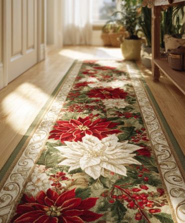 Tapestry Poinsettia Runner Rug — Classic Holiday Tapestry Poinsettia Design, Non-Slip Festive Runner For Entryway & Table Runner Use