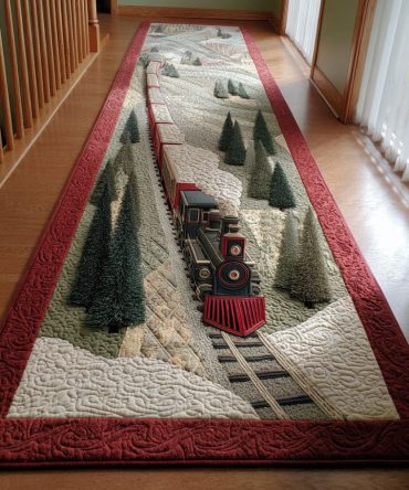 Merry Line Holiday Runner Rug — Festive Train-Themed Christmas Hallway Carpet With Non-Slip Backing, Durable & Machine-Friendly Décor