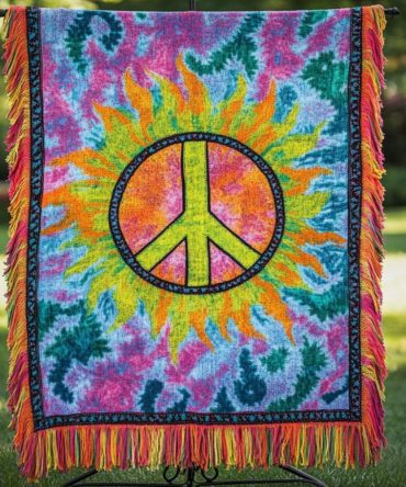 Retro Tie-Dye Peace Woven Throw Blanket — Vibrant Hippie Tie Dye Sofa & Bed Throw, Soft Boho Accent