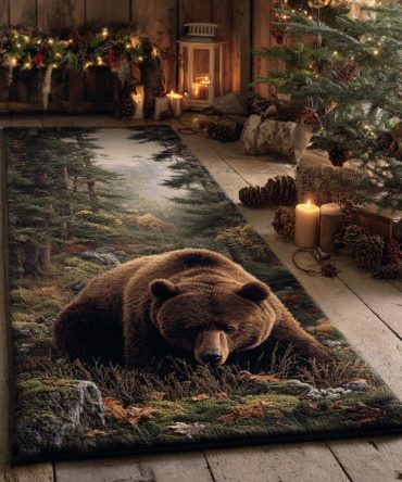 Timber Bear Rustic Runner Rug - Woodland Lodge Hallway Runner With Bear Motif, Durable Low-Pile Construction & Easy-Care Backing