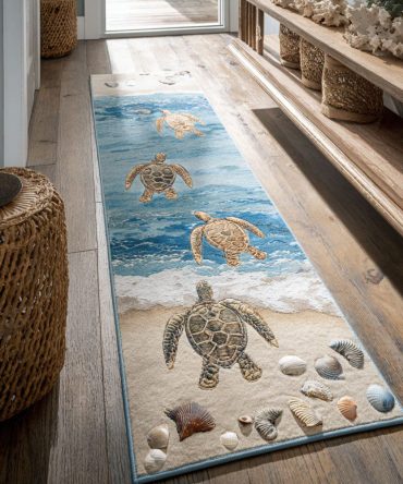 Timeless Turtle Coastal Runner Rug — Classic Sea Turtle Design Hallway Runner, Durable Non-Skid Carpet For Beach House & Everyday Use