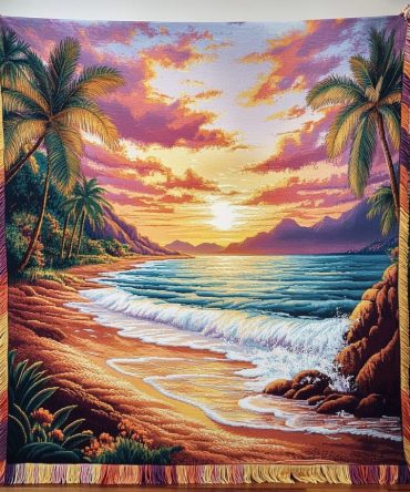 Tropical Dawn Palm-Pattern Woven Throw — Soft Decorative Sofa & Couch Blanket For Living Room, Cozy Beach-Inspired Accent