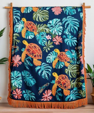 Tropical Turtle Paradise Woven Throw — Lush Island Turtle Motif Sofa Blanket, Bright Boho Coastal Throw For Summer & Year-Round Styling
