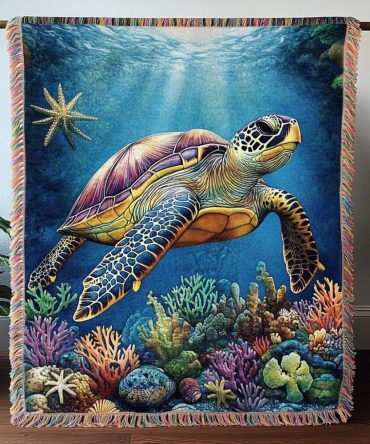 Turtle Tranquility Coastal Throw — Nautical Woven Blanket For Sofa & Patio , Soft, Lightweight, Decorative And Machine Washable