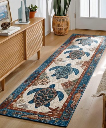 Coastal Turtle Runner Rug — Turtle Journey Design, Durable Non-Slip Hallway Runner Rug For Beach House, Entryway Or Kitchen