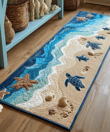 Turtle Path Coastal Runner Rug For Hallway — Playful Sea Turtle Motif, Durable Low-Pile Construction, Fade-Resistant & Easy-Care For Beach House Or Kids’ Rooms