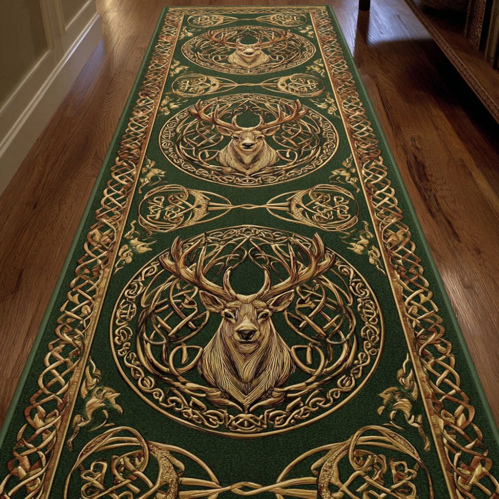 Verdant Stag Runner Rug — Bold Green Stag Motif Hallway Runner, Durable Low-Pile Carpet With Non-Skid Backing & Fade-Guard