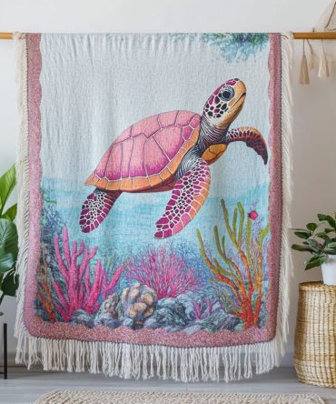 Vibrant Coral Turtle Woven Throw — Tropical Sea Turtle Tapestry Blanket, Colorful Coastal Sofa Throw To Brighten Beach-Style Interiors