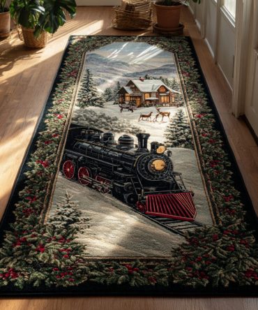 Whimsical Village Christmas Train Runner — Holiday Hallway Carpet With Festive Train Motif, Durable & Easy-Clean Runner Rug