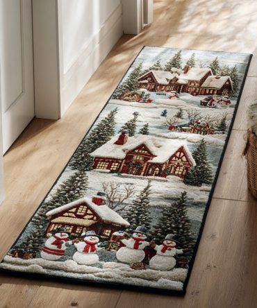 Village Snowman Holiday Runner Rug — Charming Snowman Village Hallway Carpet With Soft Pile, Non-Skid Backing & Easy-Care Fabric