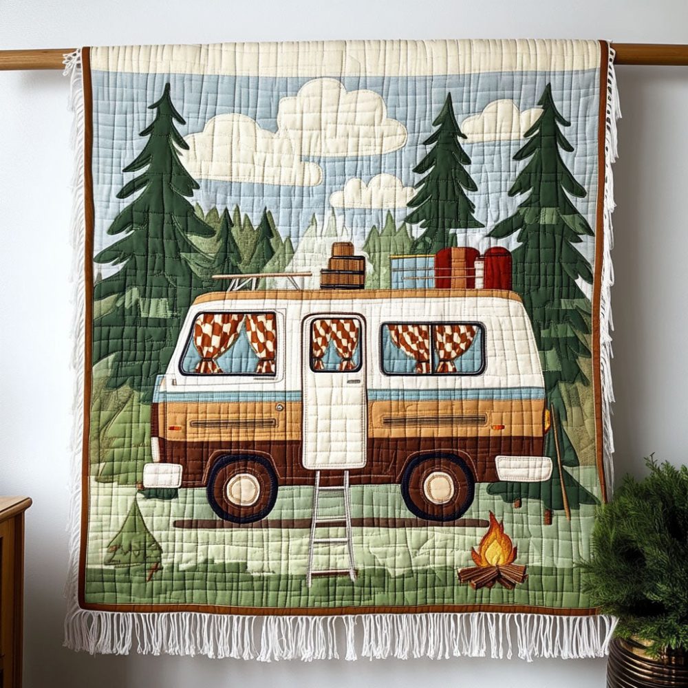 Vintage Camper Getaway Woven Throw Blanket - Retro Camper Print, Soft Cozy Weave, Ideal For Rvs, Picnics, Living Room Decor