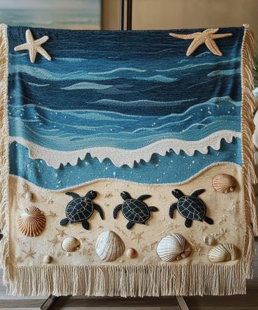 Waves & Shells Nautical Woven Throw - Beachy Sofa Blanket With Shell Motif, Lightweight Cozy Accent For Coastal Interiors