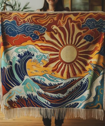 Waves Of Light Modern Throw - Textured Woven Blanket For Sofa, Subtle Gradient Blues, Soft Cotton-Blend, Lightweight & Durable, 50X60, Easy Care