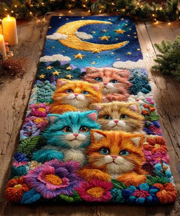 Whiskers In Bloom Cat Runner Rug - Floral & Kitty Design Non-Slip Hallway Runner For Pet Lovers, Low-Profile, Machine-Washable