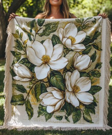 White Blossom Delight Floral Throw — Crisp Woven Sofa Blanket With White Blossoms, Soft Decorative Couch & Bed Throw For Bright Timeless Styling