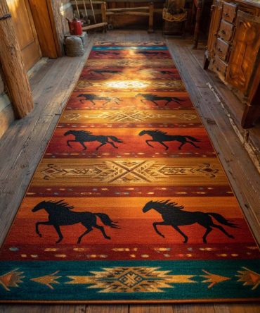 Wild Mustang Western Runner Rug — Rustic Horse-Inspired Hallway Runner, Durable Low-Pile, Non-Skid Backing, Pet-Friendly, Easy Clean