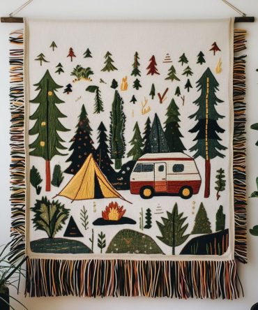 Wilderness Van Life Woven Throw Blanket - Adventure Campfire Design, Lightweight Travel-Friendly, Cozy Camper & Outdoor Accent