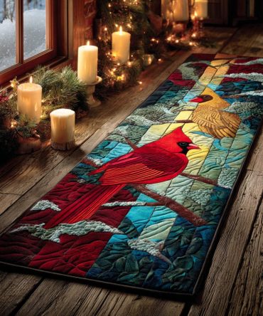 Winter Branch Cardinal Runner Rug - Seasonal Non-Slip Hallway Runner With Cardinal & Branch Design, Washable & Durable